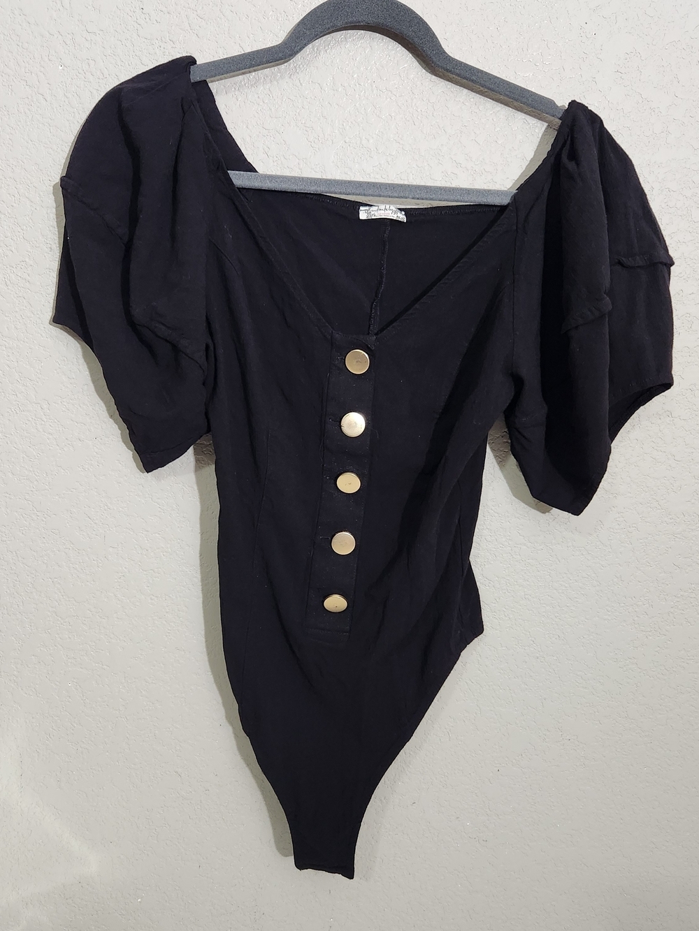 Free People Bodysuit Medium Black Puff Sleeve Button Front